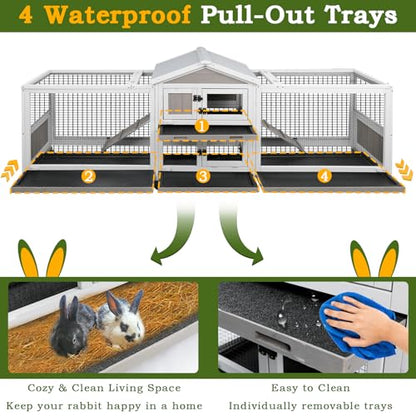 PetsCosset Double Rabbit Hutch Outdoor Indoor Large Bunny Cage with Dual Side Runs, 2-Story Wooden Hutch with 4 Leak Proof Trays, 8 Wheels, Waterproof Roof, Ramp, for Small to Medium Animals - size: 93.0"L x 22.1"W x 35.0"H