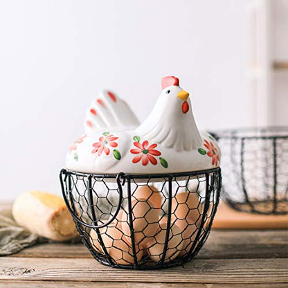 Kitchen Storage Metal Wire Egg Basket with Ceramic Farm Chicken Cover Fresh Egg Holder/Organizer Case/Container - color: red with black basket