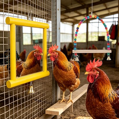 Chicken Mirror Toys Extra Large Chicken Enrichment Toys for Coop 10.6 x 10 Inch Wooden Hanging Swing Mirror with Bell Yellow Coop Pecking Accessories Molar Stones