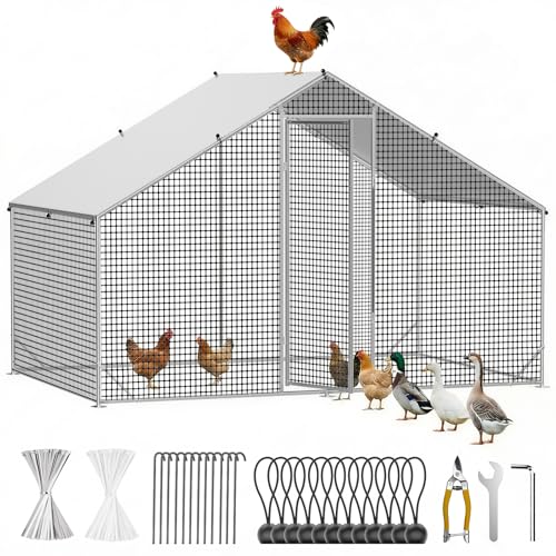 CAMMOO Metal Chicken Coop with Run, 9.8x6.6x6.6ft Walk-in Chicken Run for Yard with Cover, Upgrade Double Lock & Tough Mesh, Stainless Steel Ties, Easy Assembly, Chicken Pen for Ducks, Rabbits - size: 9.8'L x 6.6'W x 6.6'H