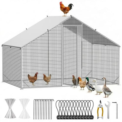 CAMMOO Metal Chicken Coop with Run, 9.8x6.6x6.6ft Walk-in Chicken Run for Yard with Cover, Upgrade Double Lock & Tough Mesh, Stainless Steel Ties, Easy Assembly, Chicken Pen for Ducks, Rabbits - size: 9.8'L x 6.6'W x 6.6'H