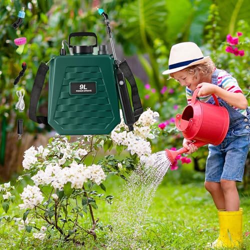 Garden Sprayer Battery Powered - Watering Can Rechargeable - Power Sprayer with Adjustable Shoulder Strap,for Home Outdoor Plant Agriculture Backyard Yard Lawn Farm - color: 9L Army Green