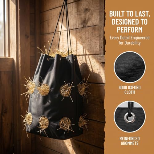 Horse Feed Bag - Large Capacity 600D Tear Resistant Fabric with Hanging Rope and Reinforced Metal Connection - Slow Feeder for Horses Goats and Sheep Used in Stalls Barns or Trailers