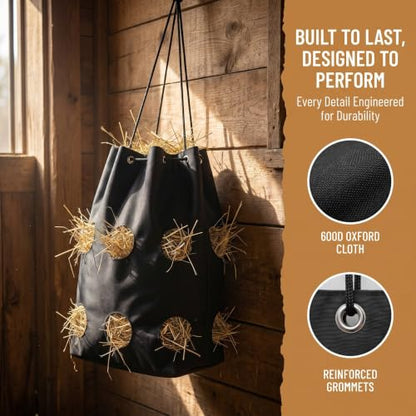 Horse Feed Bag - Large Capacity 600D Tear Resistant Fabric with Hanging Rope and Reinforced Metal Connection - Slow Feeder for Horses Goats and Sheep Used in Stalls Barns or Trailers
