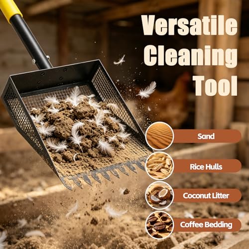 Ihomepark Chicken Poop Scooper & Rake, 42-84" Adjustable Chicken Coop Shovel, 2-in-1 Heavy Duty Iron Sand Sifting Litter Rake for Chicken Coop, Goat, Cat Litter & Barn Yard Waste