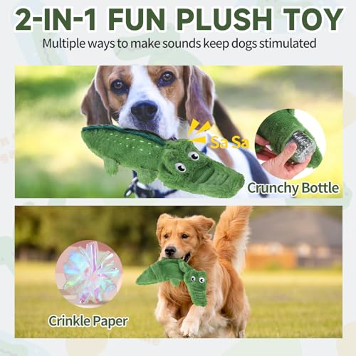 Mihachi No Stuffing Crinkle Dog Toys, 2-in-1 Holds Water Bottles - Cruncher with Puncture Resistant Squeaker, Dog Squeak Toys Plush Dogs Chew Toy for Puppy Small Medium Large Breed Chewer, Crocodile - color: Crocodile