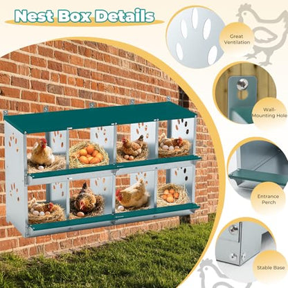 Yafylly Chicken Nesting Boxes, Wall Mountable Metal Chicken Coop Nesting Box, Easy Egg Collection Roll Away Nesting Boxes Chicken, Roosting Boxes for Chickens, 8 Compartments - color: Green, size: 8 Compartment