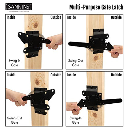 Self-Locking Gate Latch Heavy Duty for Wooden Fence, Post Mount Automatic Gravity Lever for PVC Fence Gate Lock Hardware with Fasteners for Secure Pool, Yard, Garden, Steel, Black