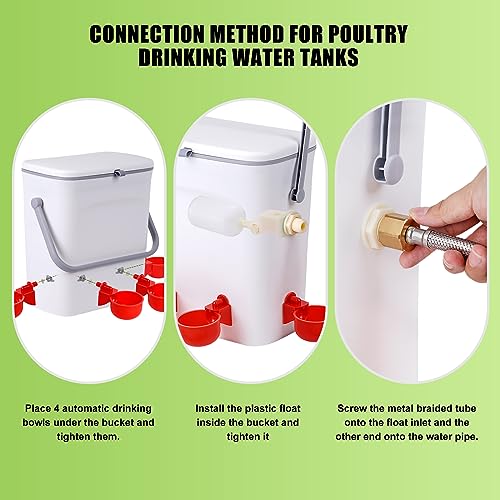 Automatic Water Dispenser for Chickens, 2 Gallons Float-Control Auto Waterer with 4 Water Cups, Chicken Drinker with Hose Attachment for Chicks, Gooses, Ducks, Turkeys