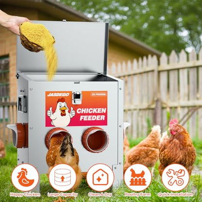 4 Ports Metal Chicken Feeder No Waste 25 Pounds Automatic Poultry Feeder with Latch & Handle for Chickens Bantams Pheasants Poultry Coop Rodent Proof - size: 4 Ports (25 LBS)