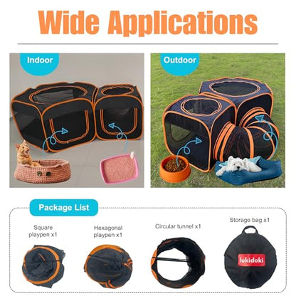 Portable Cat Playpen 2-Room with Tunnel, 3-in-1 Pop-up Cat Dog Crate Play Enclosure with Separate Areas, Foldable Pet Playpen for Puppy Kitten and Small Animals Indoor Outdoor - style: Small