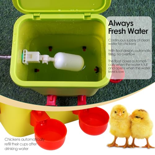 Automatic Chicken Waterer with Float Valve, 3.2 Gallon Hanging Poultry Waterer with 6 Water Cups, Large Duck Quail Turkey Goose Chicken Coop Water Dispenser