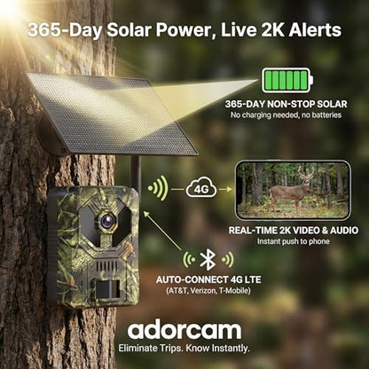 Cellular Trail Camera for Outdoor - Auto Connect Nationwide 4G LTE Non Stop Solar Power - Instant 2K Live Video for Wildlife Deer Hunting Farm Ranch Property Security - Low Glow Waterproof