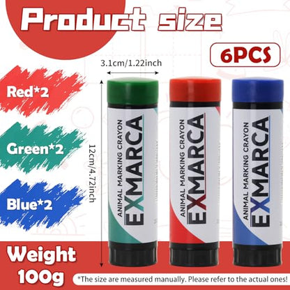 6PCS Livestock Marker Crayons Marking for Marking Animal Fur and Skin | Large Livestock Marker Crayon Pig Cow Goat Horse, Donkey, Waterproof Animal Skin Marking(2 Red, 2 Blue, 2 Green)