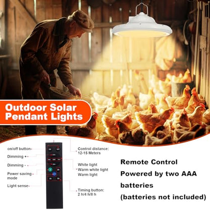 Solar Chicken Coop Light with Remote & Timer, Dusk to Dawn Hanging Pendant Light for Shed Barn Farm Poultry, Dual Charge(solar & USB), Waterproof Dimmable LED Ceiling Lamp with 14.7ft Cord