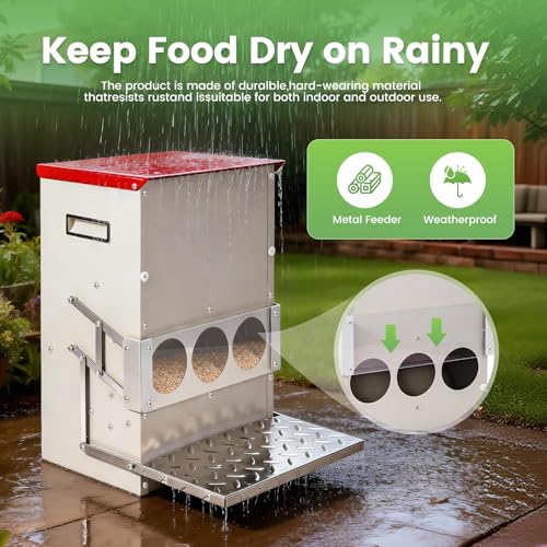 25LB Automatic Chicken Feeder No Waste Metal Gravity Poultry Feeder Treadle Feeder 3 Feeding Ports with Lid, Weatherproof Galvanized Chicken Food Dispenser for Ducks, Goose, Turkey