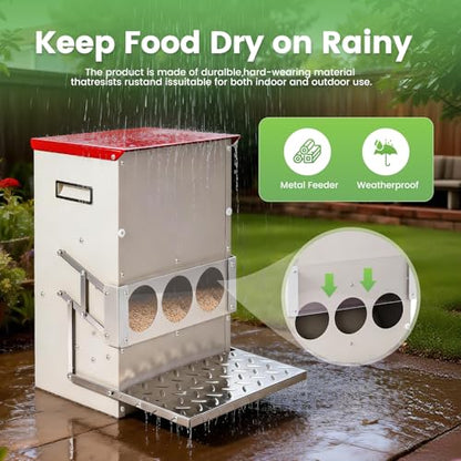25LB Automatic Chicken Feeder No Waste Metal Gravity Poultry Feeder Treadle Feeder 3 Feeding Ports with Lid, Weatherproof Galvanized Chicken Food Dispenser for Ducks, Goose, Turkey