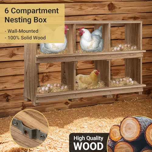 Neoaider Nesting Boxes for Chickens 6 Compartment, Wall-Mounted Wooden Chicken Nesting Box, Ensuring Comfortable Egg Laying, Preventing Egg Falls, Perfect for Backyard and Poultry Farms - size: 37.8"L x 14.7"W x 26.0"H