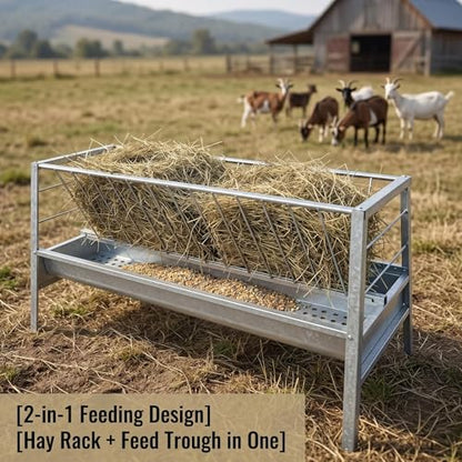 77 Gallon Capacity Livestock Feeder, 2-in-1 Large Capacity Feed & Water Trough, Goat Hay Feeder, Freestanding Outdoor Farm Livestock Feeder, Smooth Edges Design for Goats, Horses, Ranch & Barn Use