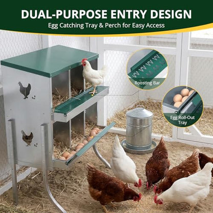 6-Compartment Roll Away Chicken Nesting Box with Legs,Lid & Perch | Pre-installed nuts, Fast assembly, galvanized steel, rounded edges, sunshade cloth + vents, wall mount or floor use