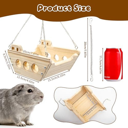 Guinea Pig Hammock, Wooden Swing Toys with Metal Chain and Hook for Cage, Interactive Enrichment Toy for Guinea Pig, Chinchilla, Rat, Hamster and Other Small Animals