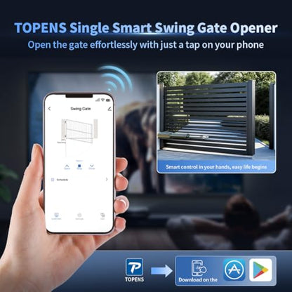 TOPENS XD551 Smart Gate Opener for Medium Duty Single Swing Gates Up to 18ft, Automatic Gate Opener with App Control AC Powered Remote Control Kit Solar Compatible
