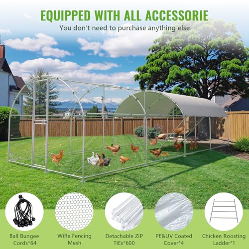 Large Metal Chicken Coop, Chicken Runs for Yard with Cover, Arch Roof Chicken Coop, Outdoor Chicken Pen, Heavy Duty Galvanized Steel Frame, Waterproof Cover, 10 x 26 x 6.5 FT - size: 10' x 26'