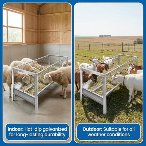 96 Gallon Goat Hay Feeder, 2 in 1 Hay Feeder for Goats, 5 Ft Long Feeding Tray for Livestock Feeder, Feeding Goats, Sheep and Ponies, for Farms, Sheep Sheds (Galvanizing)