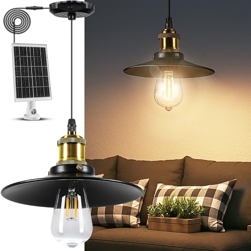Solar Pendant Light Indoor Outdoor, 1000LM Solar Shed Light IP65 Waterproof Metal Powered Hanging Chandelier, Gazebo Lights with Remote for Barn Gazebo Yard Garage Patio - color: Warm White, size: 1 Pack