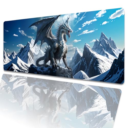 Blue Ice Dragon Gaming Mouse Pad 31.5x11.8in,Snow Mountain Large Extended Desk Mat with Non-Slip Rubber Base,Animal Big Mousepad for Laptop Computer PC,for Office Home Decor,Deskmat Gifts - color: Dragon 01