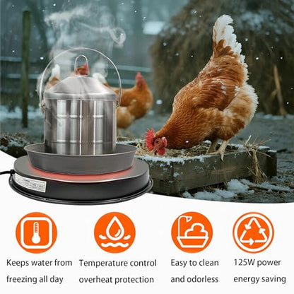 Poultry Chicken Water Heater, 15" Chicken Water Heater Base for 3-5 Gallons Poultry Founts Waterer, 77℉ Automatic Shut-Off, 125W Energy-saving Poultry Water Heater for Outdoor Coops & Winter