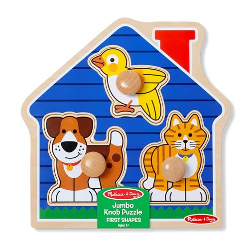 Melissa & Doug Pet Animals Jumbo Knob Puzzle, Wooden Peg Puzzle for Toddlers, Educational Toy for Shape Recognition and Fine Motor Skills, Ages 1+ - style: Pets