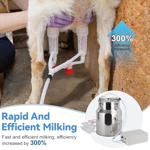 Goat Milking Machine 5 L, 304 Stainless Steel Bucket, Electric Automatic Pulsation Vacuum Milker, Portable Milker with Food-Grade Silicone Cups and Tubes, Adjustable Suction for Cows and Sheep - size: 5L/1.32GAL