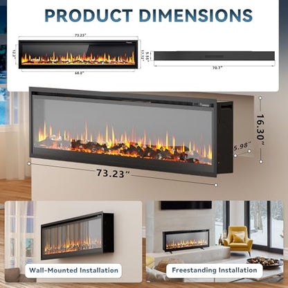 EUHOMY 73 inch Electric Fireplace Recessed Wall Mounted Freestanding with Remote Control, Ultra-thin Fireplace Heater with Adjustable Flame Color, Linear Fireplace with Timer, Log & Crystal, 750/1500W - size: 73 Inch Premium