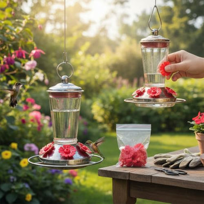 Hyuduo 30-Piece Hummingbird Feeder Replacement PartsHummingbird Feeder Rings Flower Feeding Ports for Garden Hummingbird Feeders (Red/White/Yellow) - color: Red
