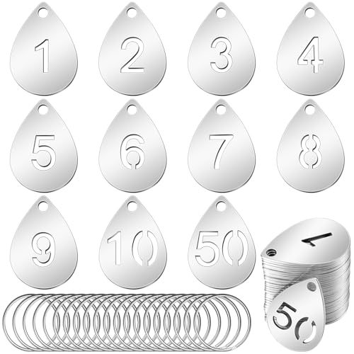 Yaocom 50 Pcs Hollowed Stainless Steel Number Tags Metal Numbered Key Number Labels Coat Check ID Tags with Key Rings Chain for Backpack Hooks Dormitory Keys House Lockers - style: Drop, 1-50