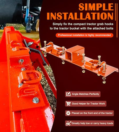 Bonbo Tractor Grab Hooks Compatible with Kubota Tractors - Bolted on Compact Tractor Bucket Grab Hooks with D Rings and 2" Receiver, Orange