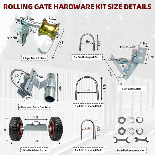 Rolling Gate Hardware Kit for Farm, Fence Gates, Rolling Gates- Includes 6" Double Wheel Carrier, 6 Universal Track Drackets, 2 Pipe Track Rollers, 1 Set Gate Latch, 2 Sets of Wrenches - color: Silver