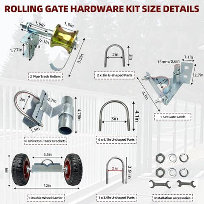 Rolling Gate Hardware Kit for Farm, Fence Gates, Rolling Gates- Includes 6" Double Wheel Carrier, 6 Universal Track Drackets, 2 Pipe Track Rollers, 1 Set Gate Latch, 2 Sets of Wrenches - color: Silver