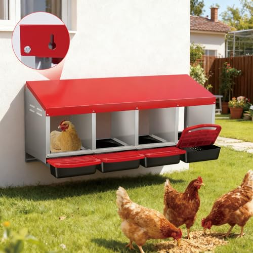 Chicken Nesting Box 4-Compartment Roll-Out with Pull-Out Trays, Egg Nesting Boxes for Hens, Chicken Coop Laying Box,Easy Wall Mounting with Metal Legs - color: red, size: 4 holes