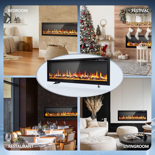 EUHOMY 50 Inch Electric Fireplace Recessed Wall Mounted Freestanding with Remote Control, Ultra-thin Fireplace Heater with Adjustable Flame Color, Linear Fireplace with Timer, Log & Crystal, 750/1500W - size: 50 Inch Premium