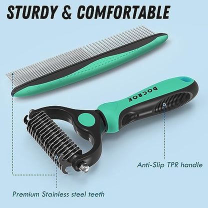 Docrok Pet Grooming Brush and Metal Comb Combo, Cat Brush Dog Brush for Shedding, Undercoat Rake for Dogs Grooming, Dematting Deshedding Brush Dogs Shedding Tool for Long matted Haired Pets, Green - color: Green