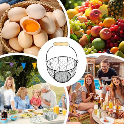 Farmhouse Wire Egg Basket For Gathering Fresh Eggs Iron Wire Storage Organizer With Handle Chicken Egg Collecting Basket Countertop Container Fruit Bin - color: Black