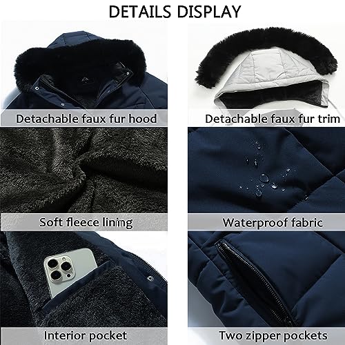 MOERDENG Women's Winter Puffer Coat Thicken Fleece Lined Down Jacket Waterproof Faux Fur Detachable Hooded Parka - color: Navy, size: Medium