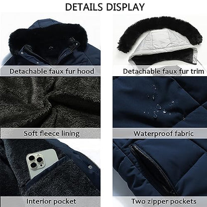MOERDENG Women's Winter Puffer Coat Thicken Fleece Lined Down Jacket Waterproof Faux Fur Detachable Hooded Parka - color: Navy, size: X-Large