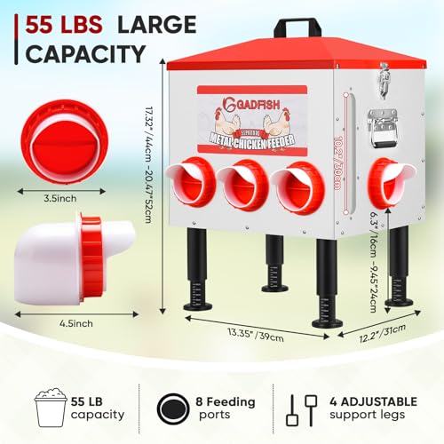 GADFISH 55 lbs Large Capacity Automatic Chicken Feeder - 8 Feeding Ports, No Waste Chicken Feeder, Height-Adjustable Legs & Secure Locking Lid for Chickens, Ducks & Poultry