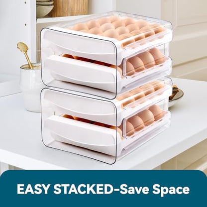 Luckore Egg Container Holders Dispenser for Refrigerator 40 Eggs, 2 Tier Clear Stackable Holder Tray with Drawer for Fridge, Storage Container with Handles for Refrigerator, Countertop