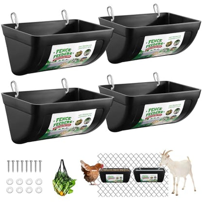 4 Pack Goat Feeders Hanging, Chicken Feeder, Rabbit Feeders, with Clips Hanging Fence Feeders, 4.5 Quart Feed Buckets for Horses, Duck Feeder, Chicken Water Feeder, Poultry Feeding Trough - color: black