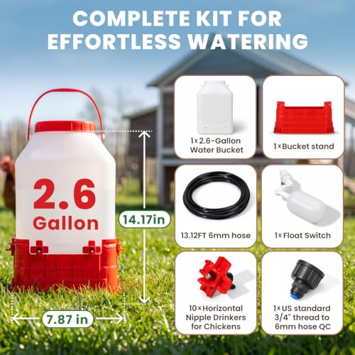HIRALIY 2.6 Gal Automatic Chicken Waterer, Auto-Refill Nipple Drinker, Stay-Clean Poultry Watering System for Chickens, Ducks & Backyard Flocks