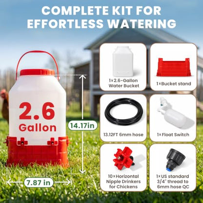 HIRALIY 2.6 Gal Automatic Chicken Waterer, Auto-Refill Nipple Drinker, Stay-Clean Poultry Watering System for Chickens, Ducks & Backyard Flocks